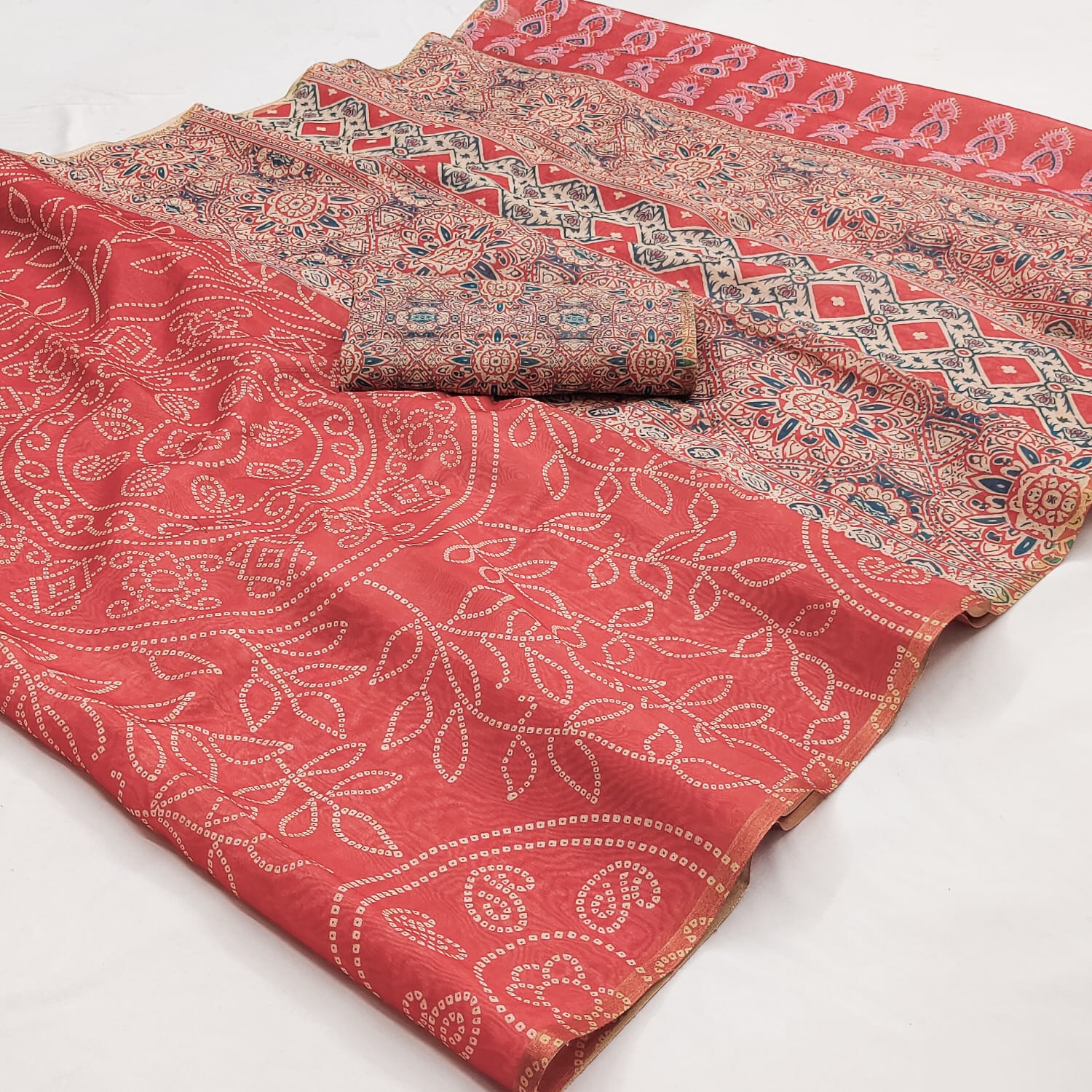 Ajrakh Kalamkari Zari Border Chanderi Saree (Coral Pink)
