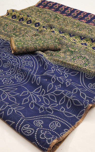 Ajrakh Kalamkari Zari Border Chanderi Saree (Royal Blue)