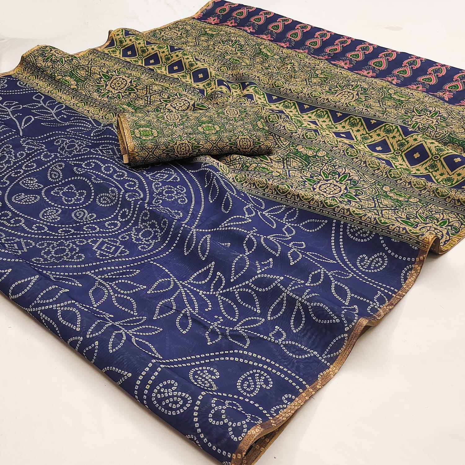 Ajrakh Kalamkari Zari Border Chanderi Saree (Royal Blue)
