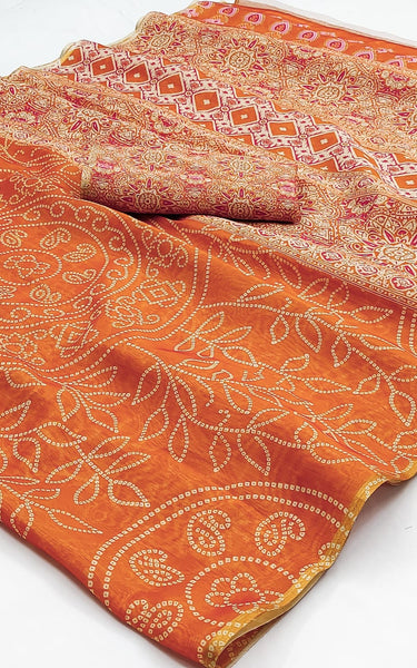 Ajrakh Kalamkari Zari Border Chanderi Saree (Orange)