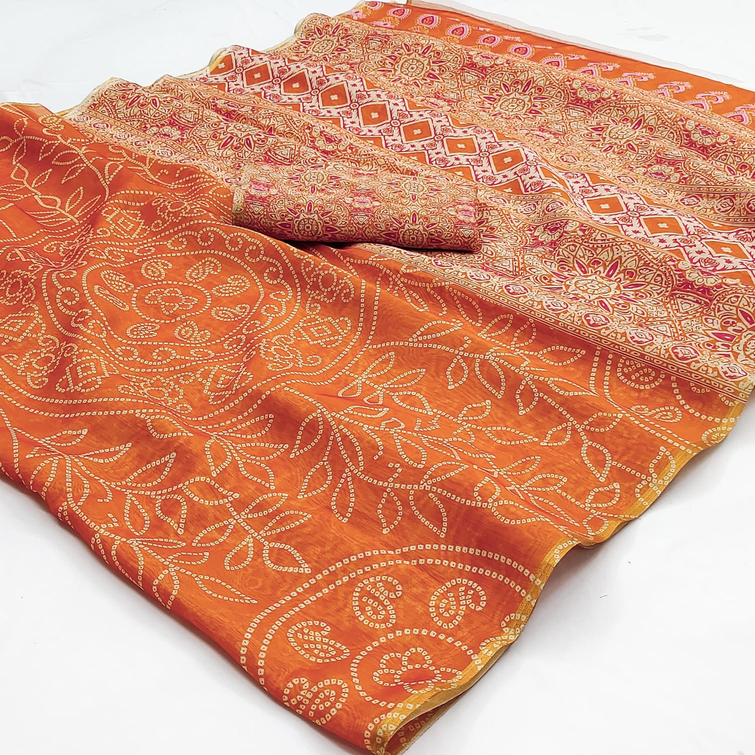 Ajrakh Kalamkari Zari Border Chanderi Saree (Orange)