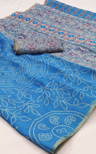 Ajrakh Kalamkari Zari Border Chanderi Saree (Sky Blue)