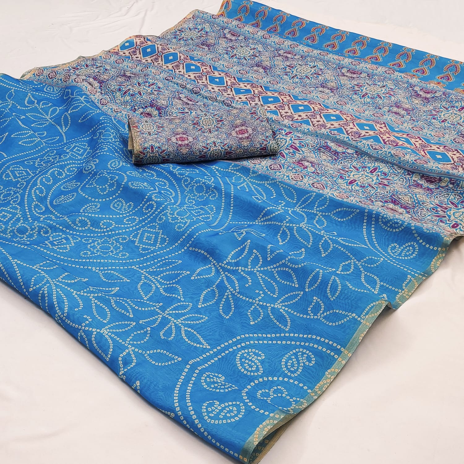 Ajrakh Kalamkari Zari Border Chanderi Saree (Sky Blue)