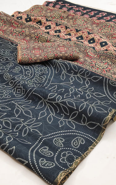Ajrakh Kalamkari Zari Border Chanderi Saree (Grey)