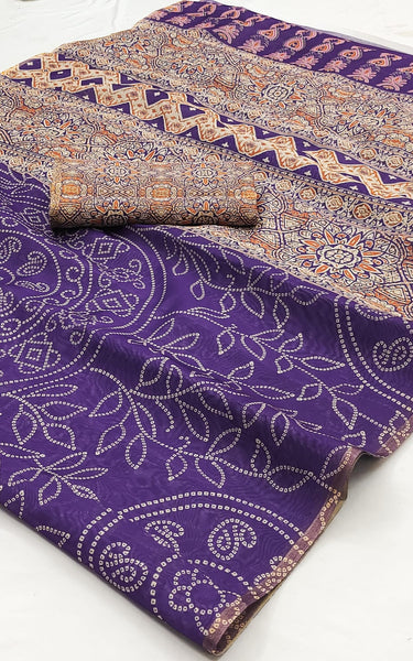 Ajrakh Kalamkari Zari Border Chanderi Saree (Purple)