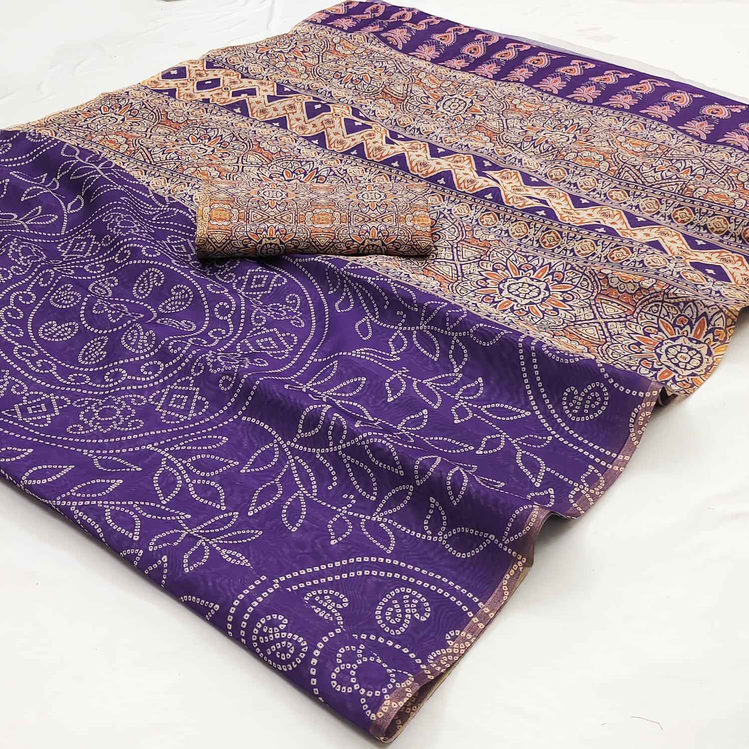 Ajrakh Kalamkari Zari Border Chanderi Saree (Purple)