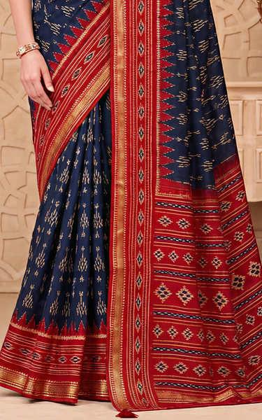 Ikkat Cotton Saree with Patola Pallu & Zari Border (Blue & Red)