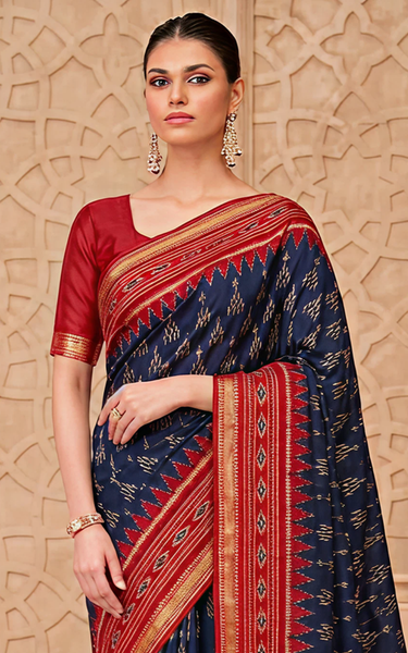 Ikkat Cotton Saree with Patola Pallu & Zari Border (Blue & Red)