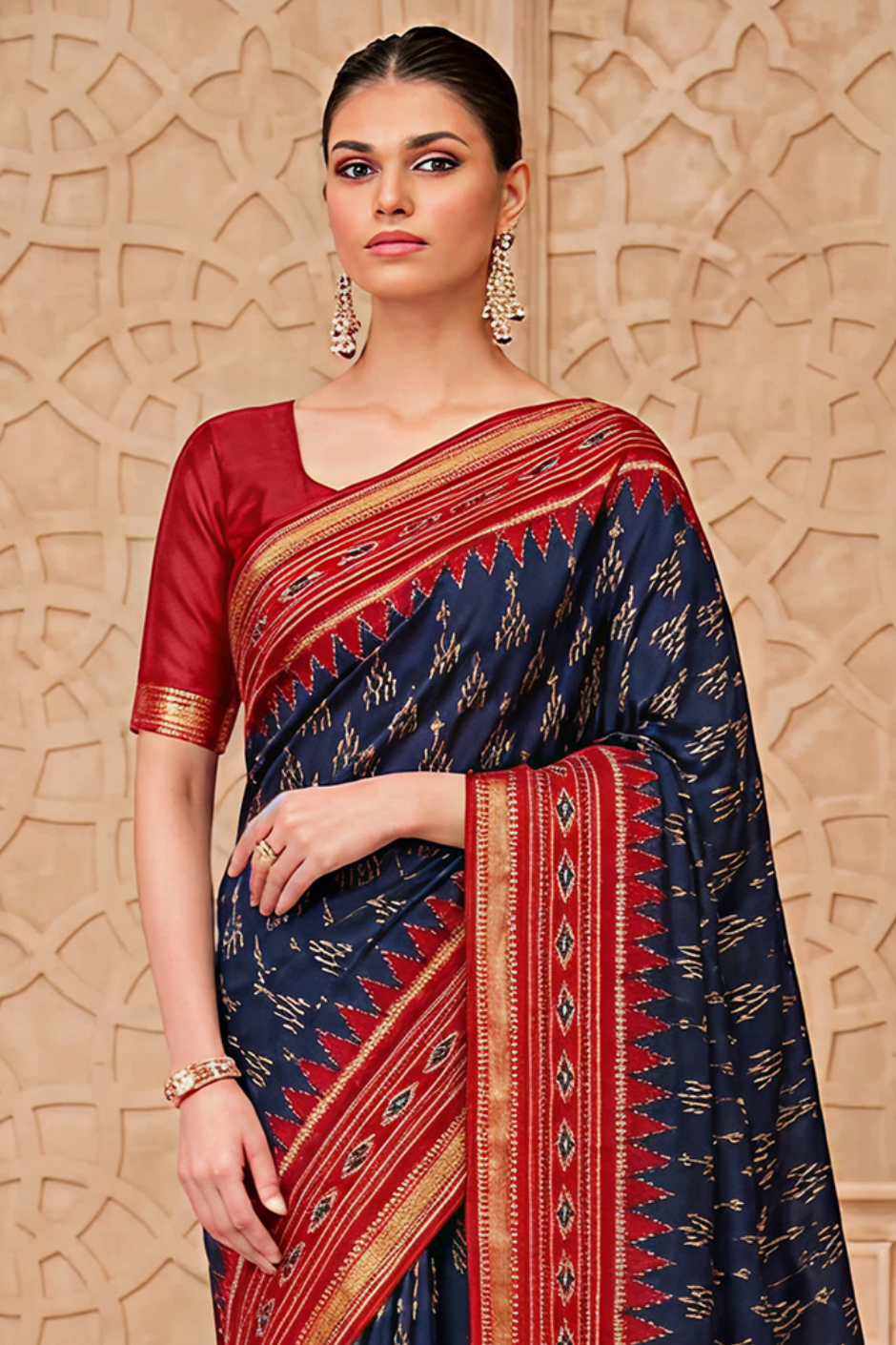 Ikkat Cotton Saree with Patola Pallu & Weaving Border (Blue & Red)