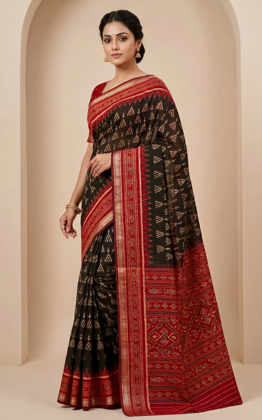 Ikkat Cotton Saree with Patola Pallu & Zari Border (Black & Marron)