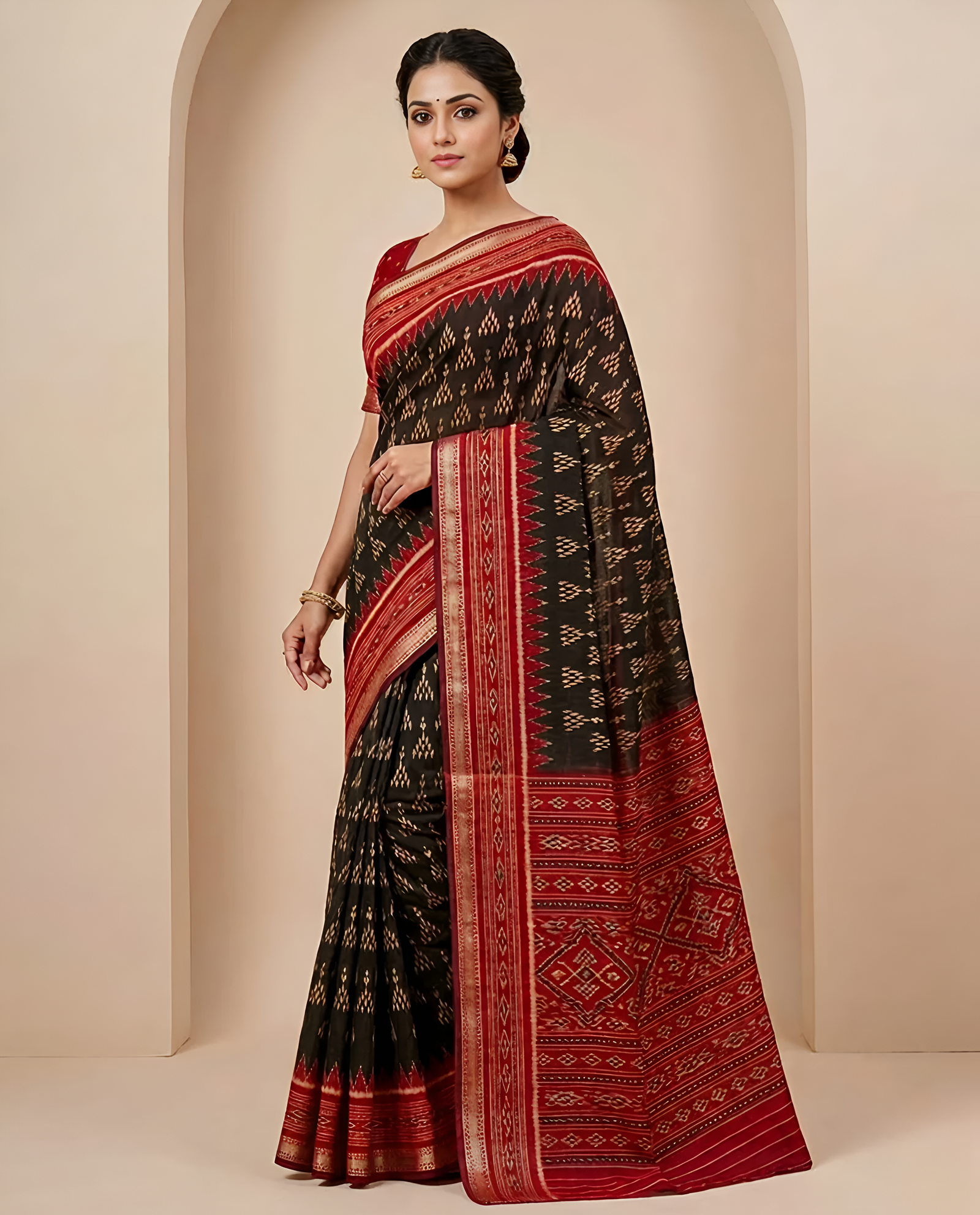 Ikkat Cotton Saree with Patola Pallu & Weaving Border (Black & Maroon)