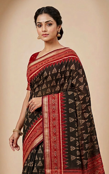Ikkat Cotton Saree with Patola Pallu & Zari Border (Black & Marron)