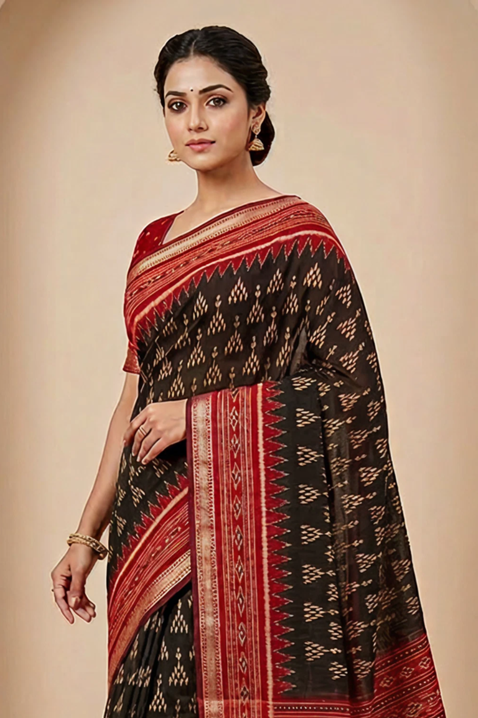 Ikkat Cotton Saree with Patola Pallu & Weaving Border (Black & Maroon)