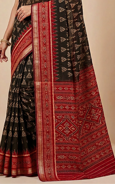 Ikkat Cotton Saree with Patola Pallu & Zari Border (Black & Marron)