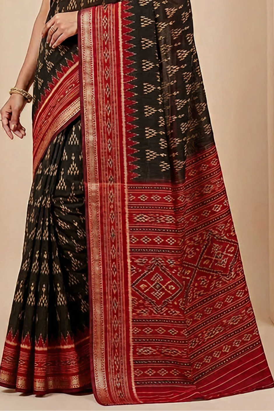 Ikkat Cotton Saree with Patola Pallu & Weaving Border (Black & Maroon)