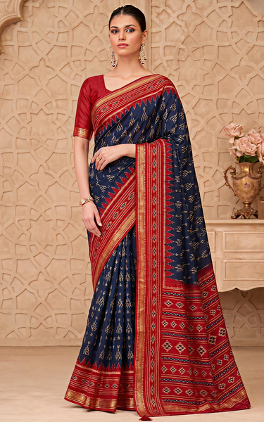 Ikkat Cotton Saree with Patola Pallu & Zari Border (Blue & Red)