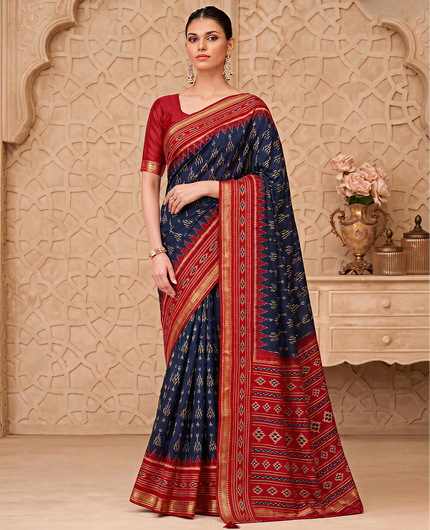 Ikkat Cotton Saree with Patola Pallu & Weaving Border (Blue & Red)