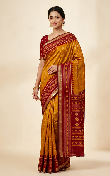 Ikkat Cotton Saree with Patola Pallu & Zari Border ( Yellow & Red )