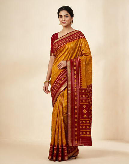 Ikkat Cotton Saree with Patola Pallu & Weaving Border (Yellow & Red)