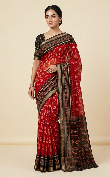 Ikkat Cotton Saree with Patola Pallu & Zari Border ( Maroon & Black )