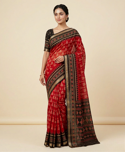 Ikkat Cotton Saree with Patola Pallu & Weaving Border (Maroon & Black)
