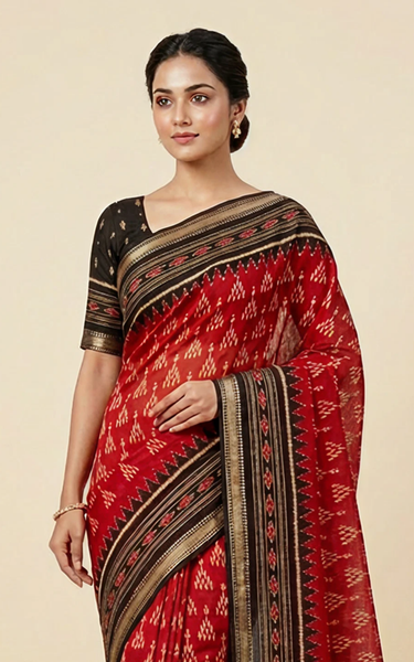 Ikkat Cotton Saree with Patola Pallu & Zari Border ( Maroon & Black )