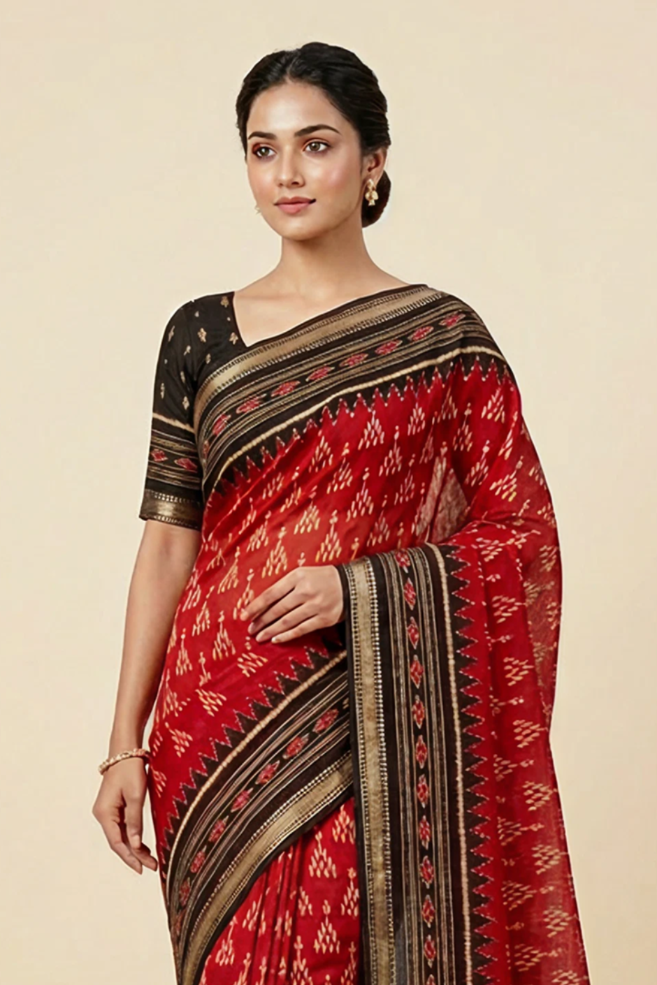 Ikkat Cotton Saree with Patola Pallu & Weaving Border (Maroon & Black)
