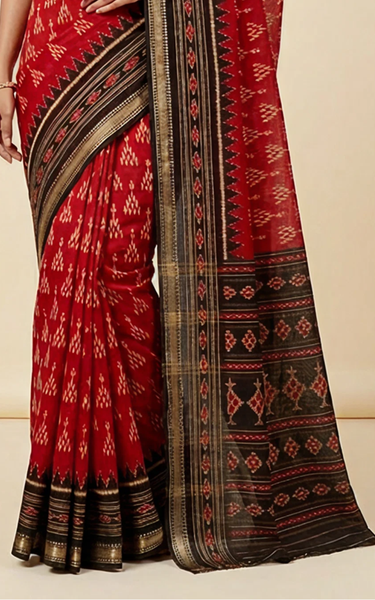 Ikkat Cotton Saree with Patola Pallu & Zari Border ( Maroon & Black )