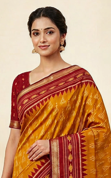 Ikkat Cotton Saree with Patola Pallu & Zari Border ( Yellow & Red )