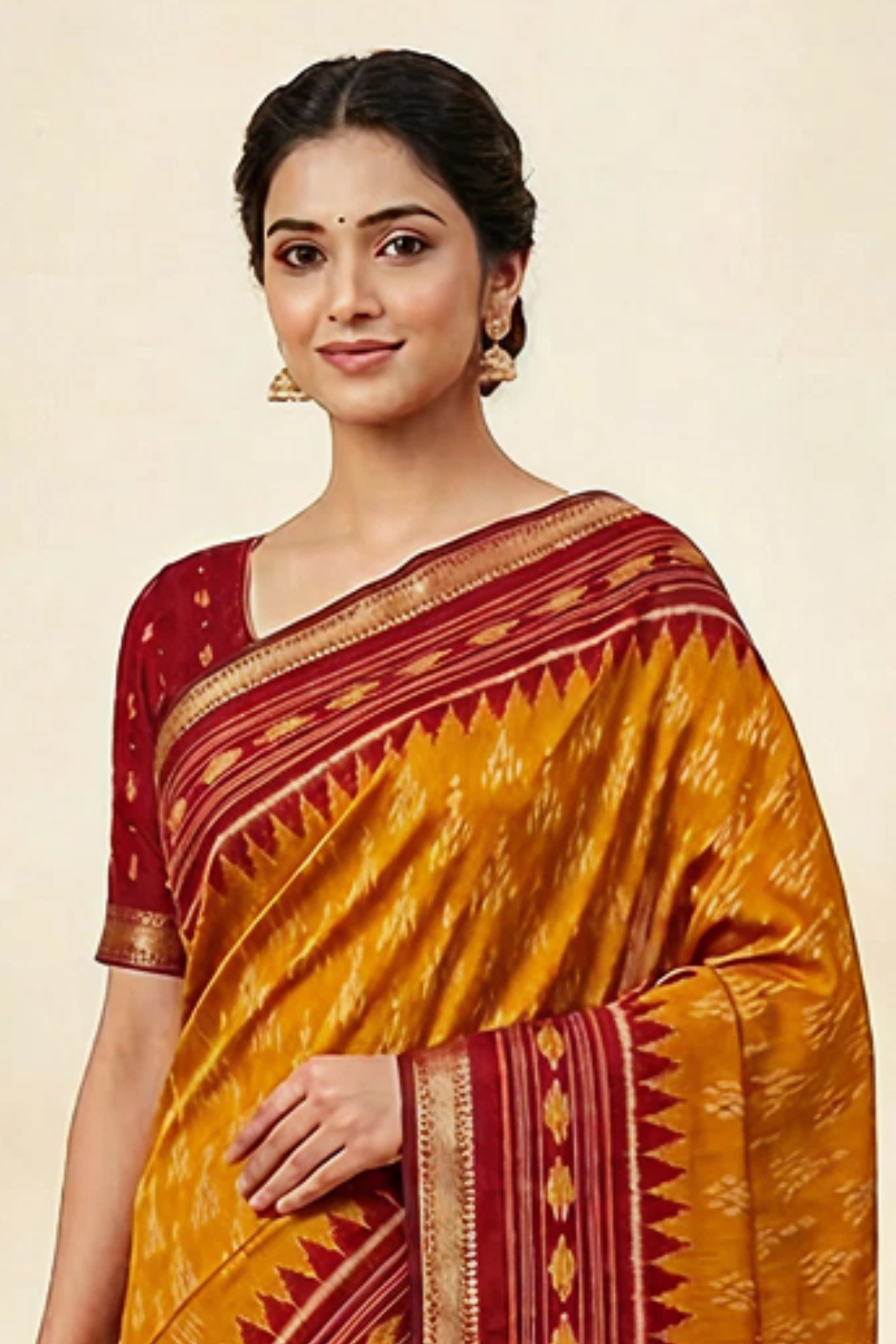 Ikkat Cotton Saree with Patola Pallu & Weaving Border (Yellow & Red)