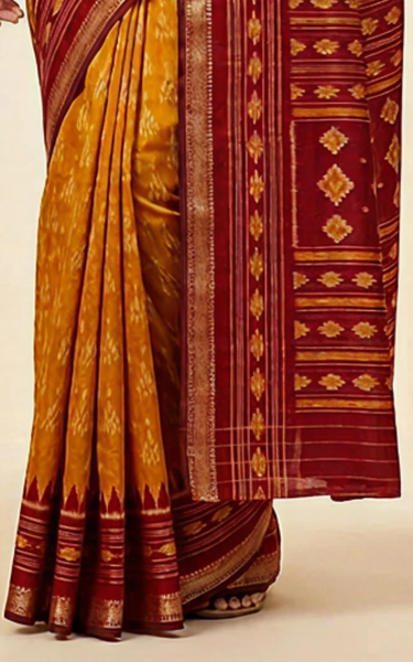 Ikkat Cotton Saree with Patola Pallu & Zari Border ( Yellow & Red )