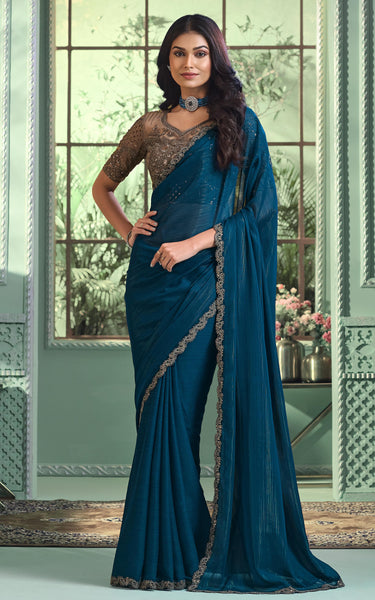 Teal Blue Solid Poly Georgette Saree with Poly Georgette Blouse