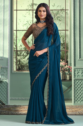 Teal Blue Solid Poly Georgette Saree with Poly Georgette Blouse