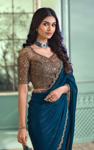 Teal Blue Solid Poly Georgette Saree with Poly Georgette Blouse