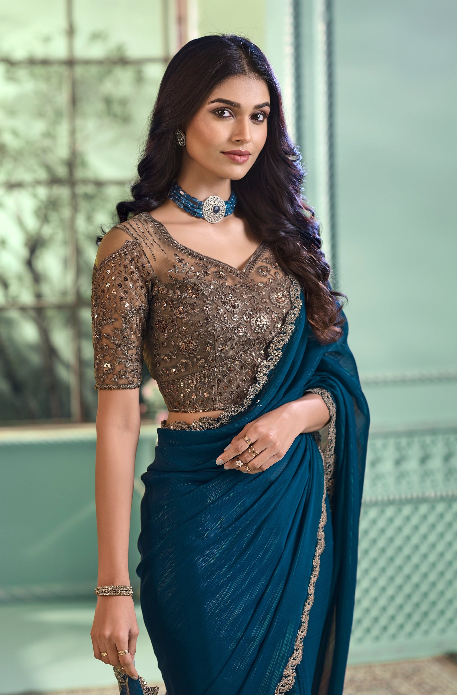 Teal Blue Solid Poly Georgette Saree with Poly Georgette Blouse