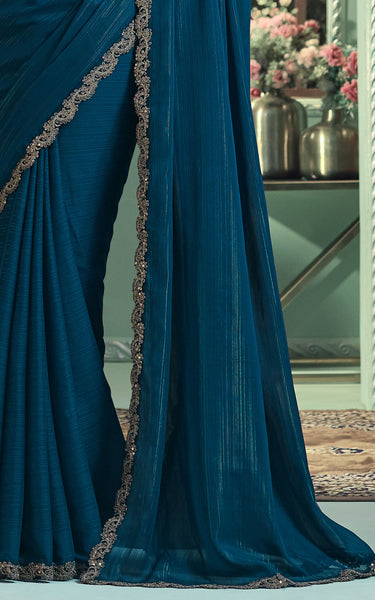Teal Blue Solid Poly Georgette Saree with Poly Georgette Blouse