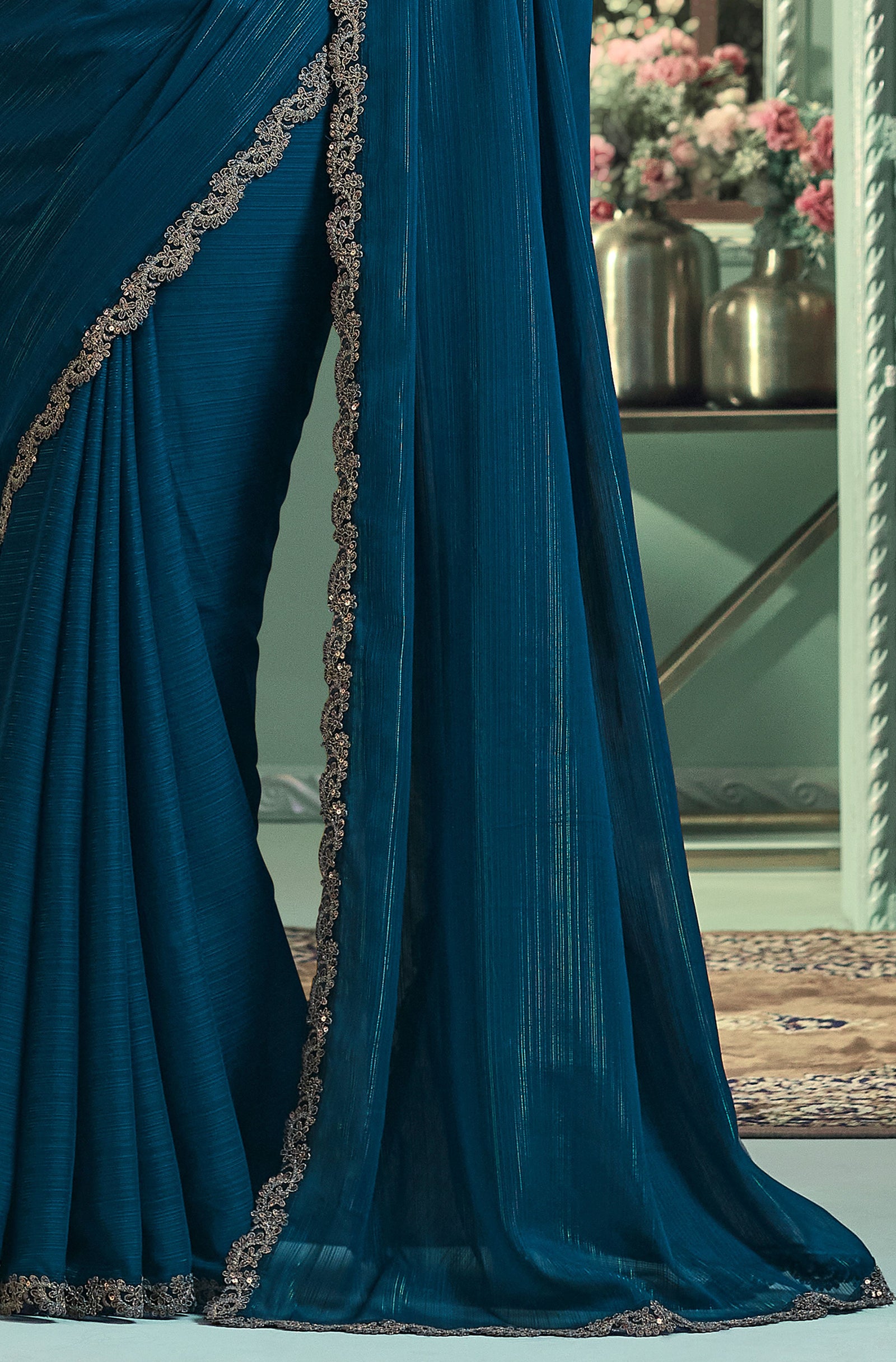 Teal Blue Solid Poly Georgette Saree with Poly Georgette Blouse