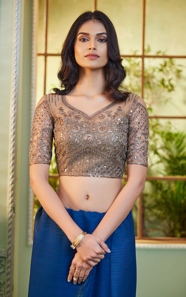 Teal Blue Solid Poly Georgette Saree with Poly Georgette Blouse