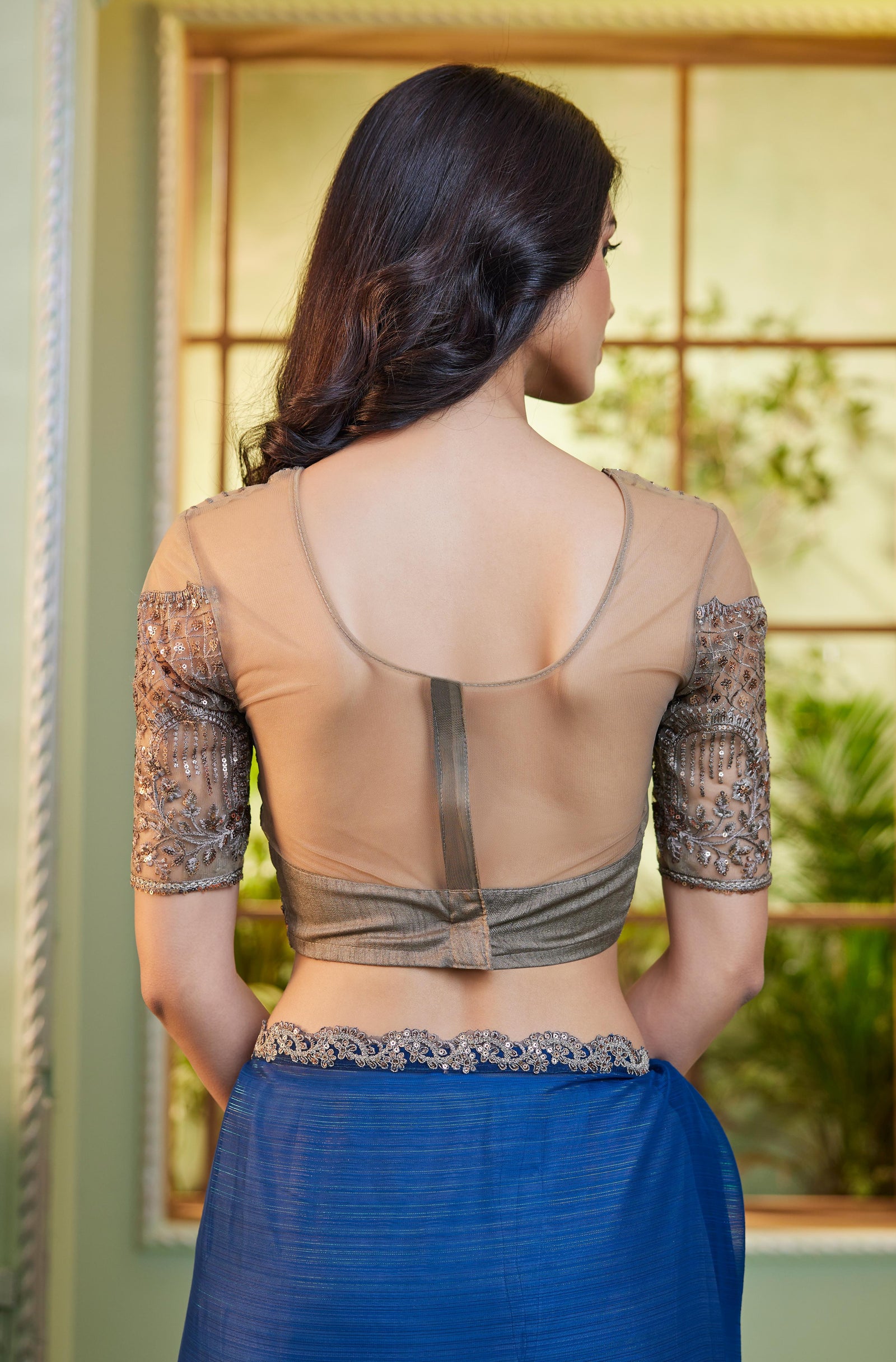 Teal Blue Solid Poly Georgette Saree with Poly Georgette Blouse