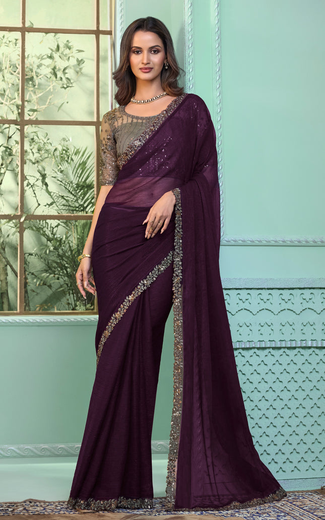 Burgundy Solid Poly Chiffon Saree with Poly Chiffon Blouse