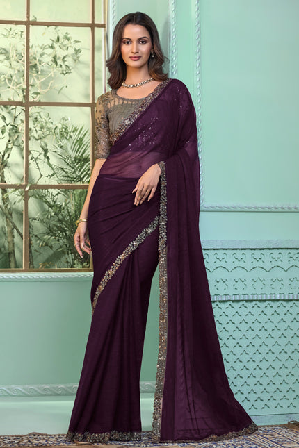 Burgundy Solid Poly Chiffon Saree with Poly Chiffon Blouse