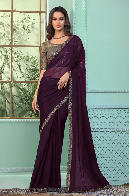Burgundy Solid Poly Chiffon Saree with Poly Chiffon Blouse
