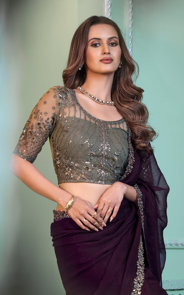 Burgundy Solid Poly Chiffon Saree with Poly Chiffon Blouse