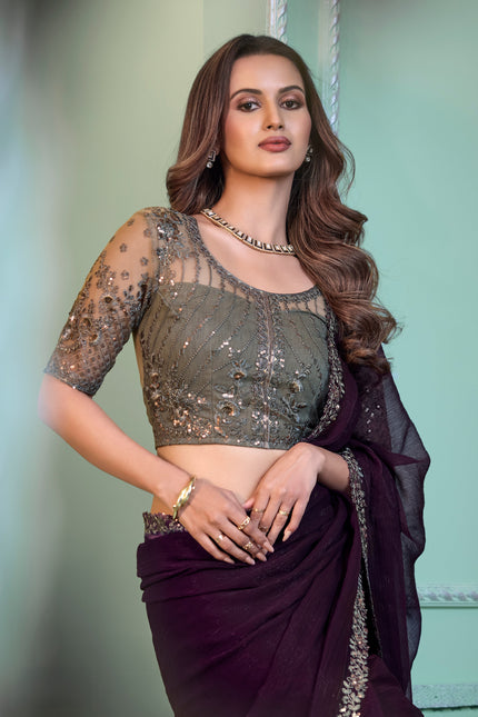 Burgundy Solid Poly Chiffon Saree with Poly Chiffon Blouse