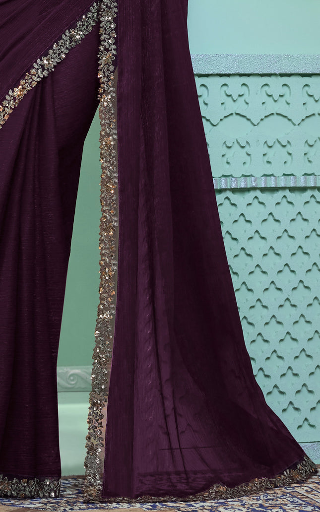 Burgundy Solid Poly Chiffon Saree with Poly Chiffon Blouse