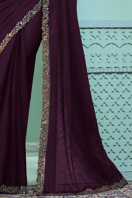 Burgundy Solid Poly Chiffon Saree with Poly Chiffon Blouse