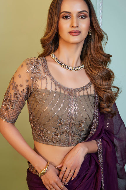 Burgundy Solid Poly Chiffon Saree with Poly Chiffon Blouse