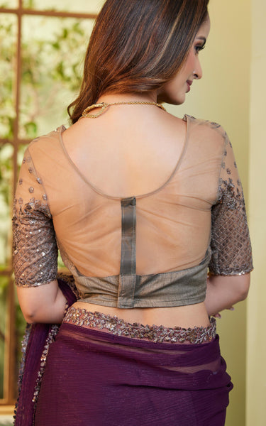 Burgundy Solid Poly Chiffon Saree with Poly Chiffon Blouse