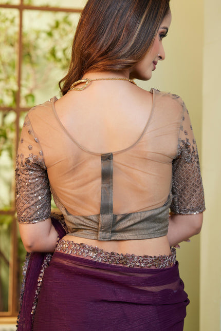 Burgundy Solid Poly Chiffon Saree with Poly Chiffon Blouse