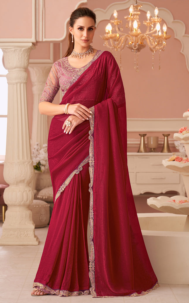 Red Solid Poly Georgette Saree with Poly Georgette Blouse
